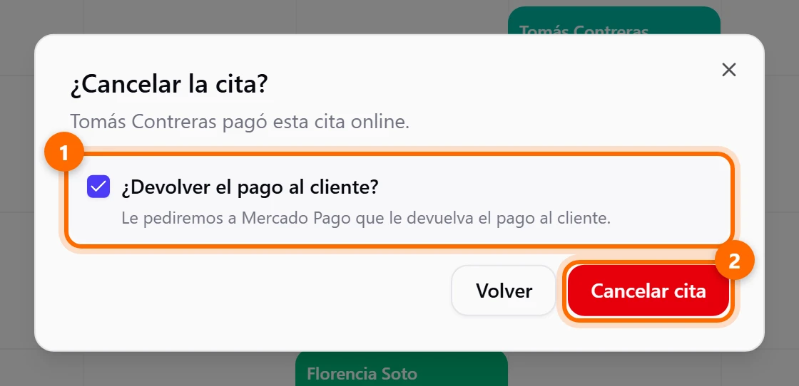 Aviso para cancelar una cita pagada online con la casilla Devolver el pago al cliente