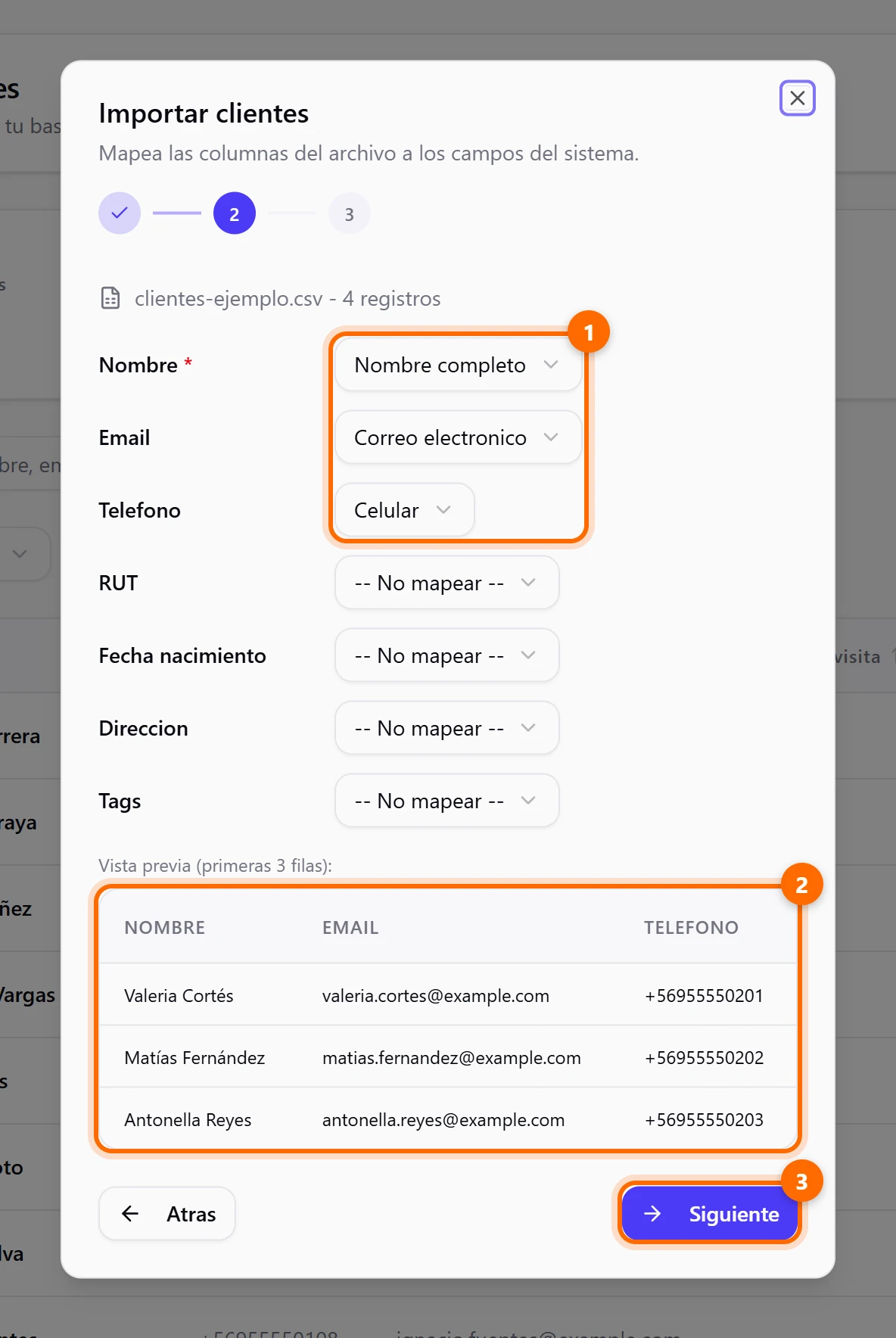 Importar clientes, paso 2: columnas del archivo relacionadas con los campos de Toma Hora