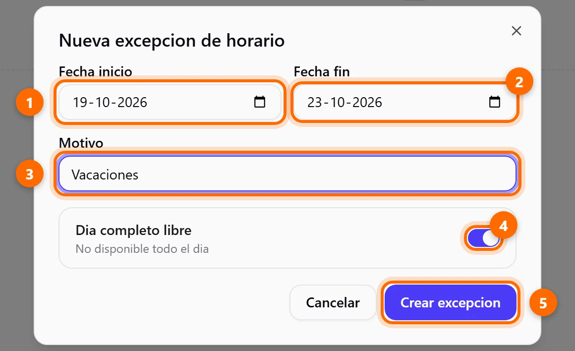 Formulario Nueva excepcion de horario con fechas, motivo y Dia completo libre