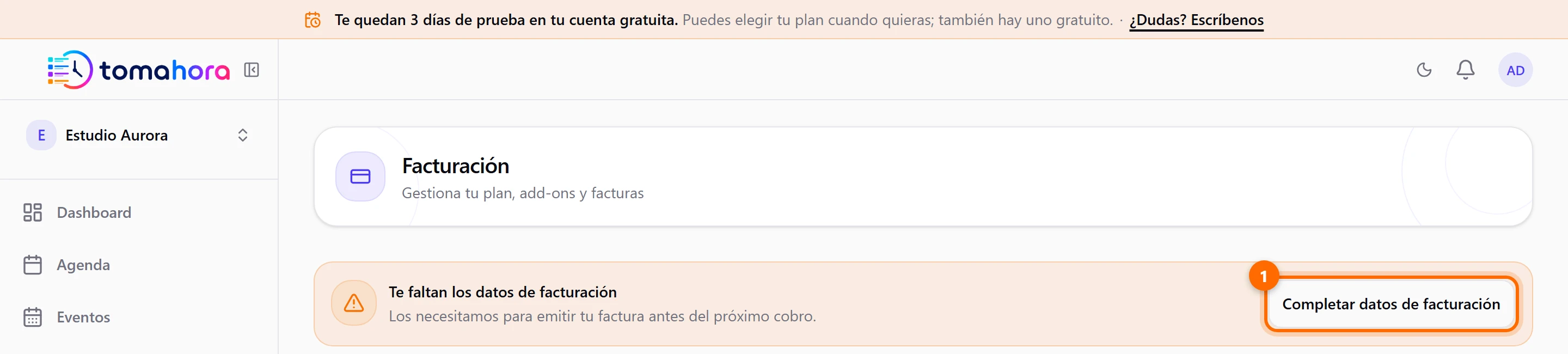 Pantalla Facturación con el aviso Te faltan los datos de facturación y el botón Completar datos de facturación