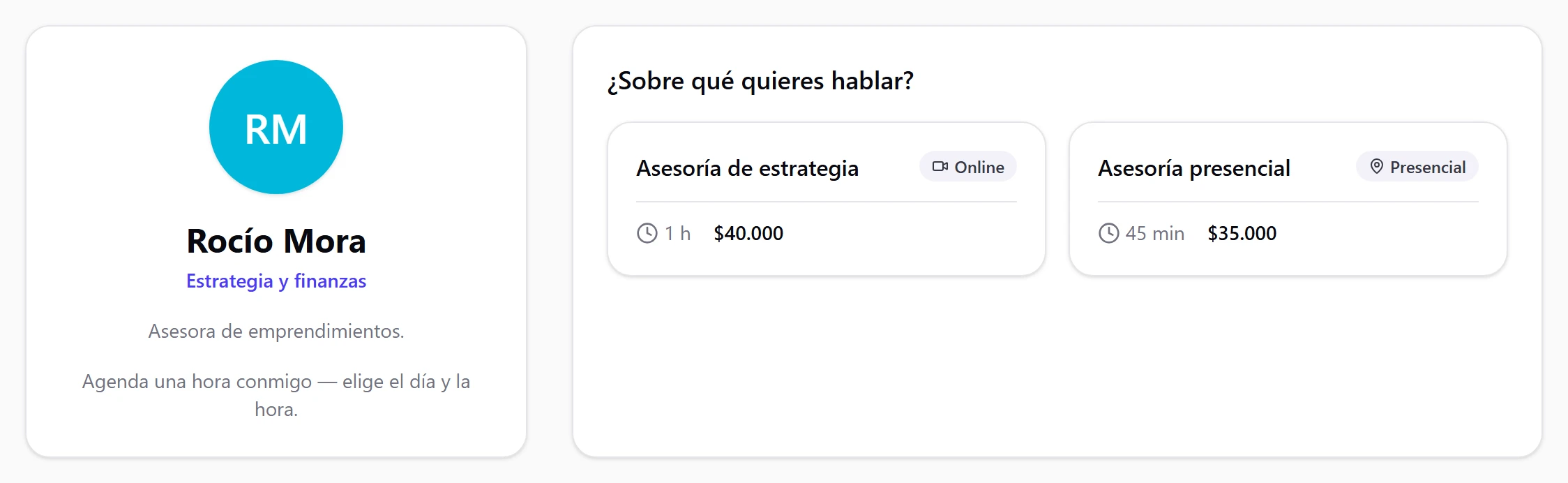 Página pública de asesorías con la foto del asesor y las asesorías Online y Presencial