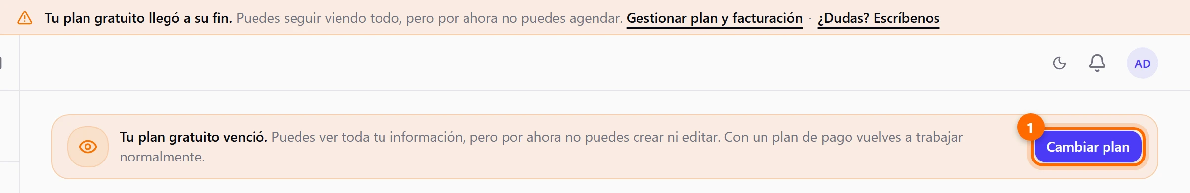 Franja Tu plan gratuito llegó a su fin y aviso Tu plan gratuito venció con el botón Cambiar plan
