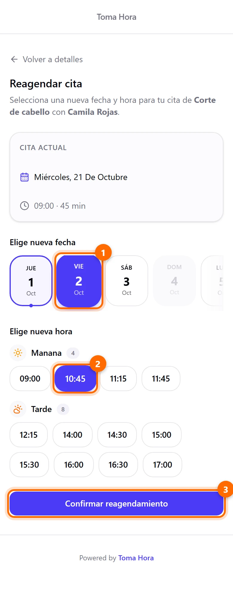 Pantalla Reagendar cita con la tira de días, los horarios y el botón Confirmar reagendamiento