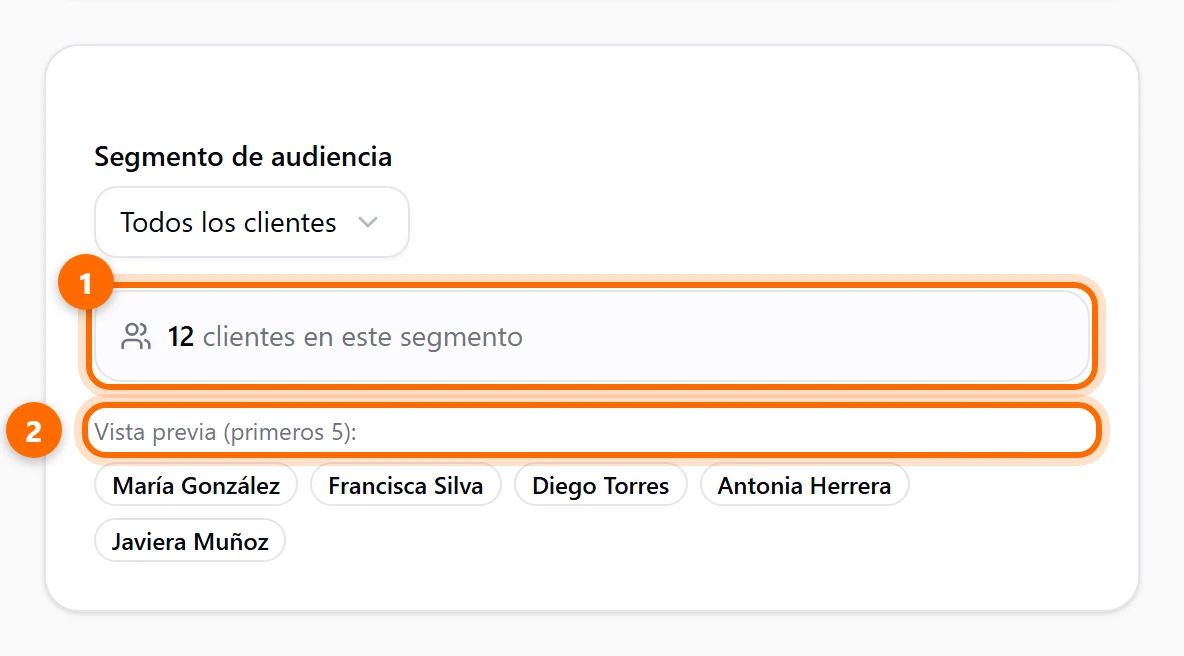 Segmento Todos los clientes con el conteo de clientes y los primeros cinco nombres