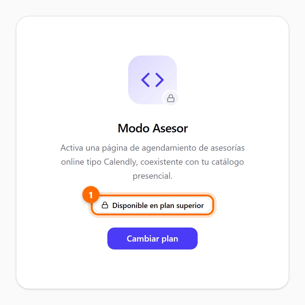 Pestaña Modo Asesor con el aviso Disponible en plan superior y el botón Cambiar plan