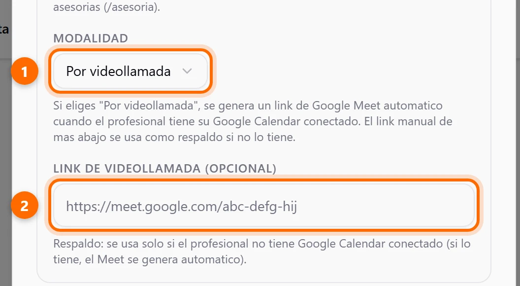 Modalidad Por videollamada elegida y el campo Link de videollamada