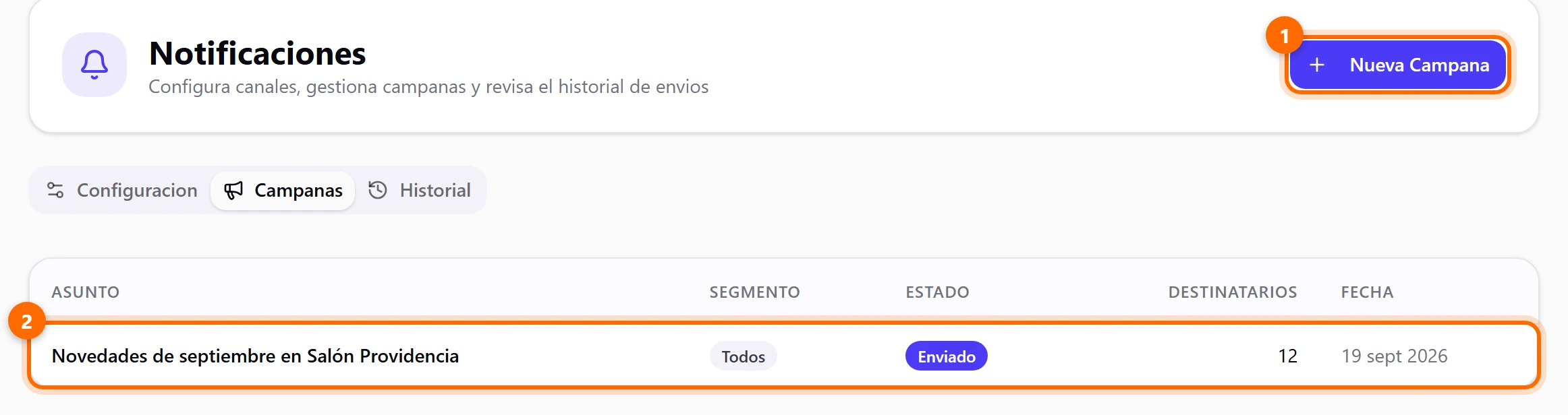 Pestaña Campanas con el botón Nueva Campana y una campaña ya enviada en la lista