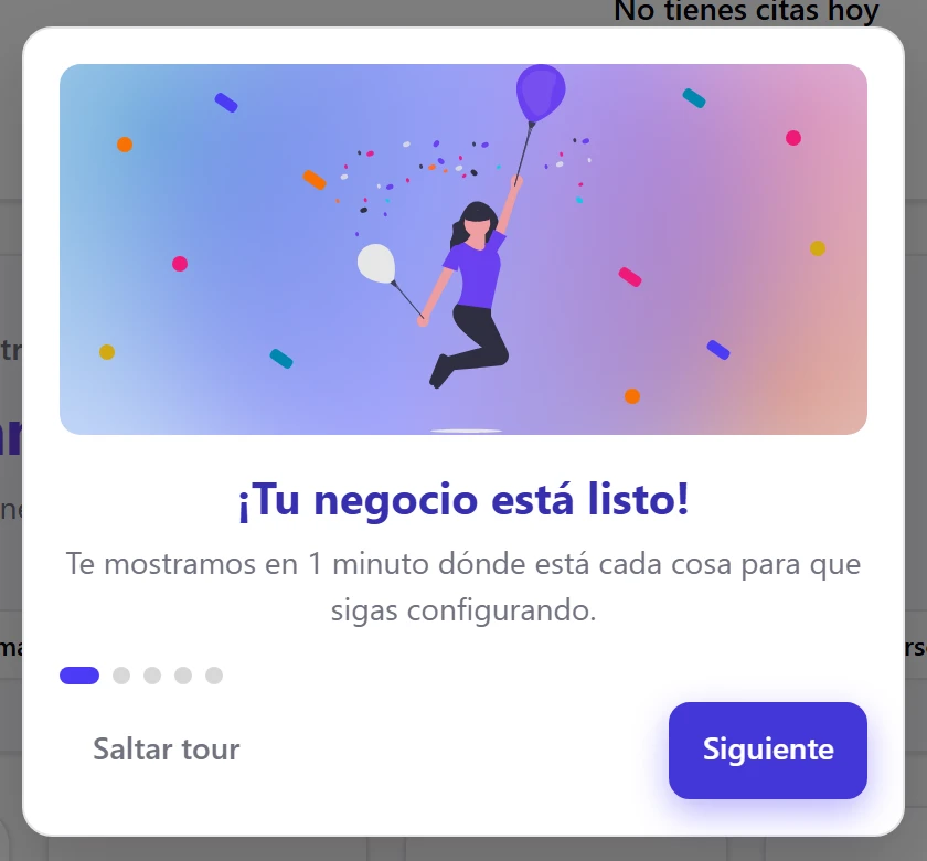 Ventana ¡Tu negocio está listo! con los botones Saltar tour y Siguiente