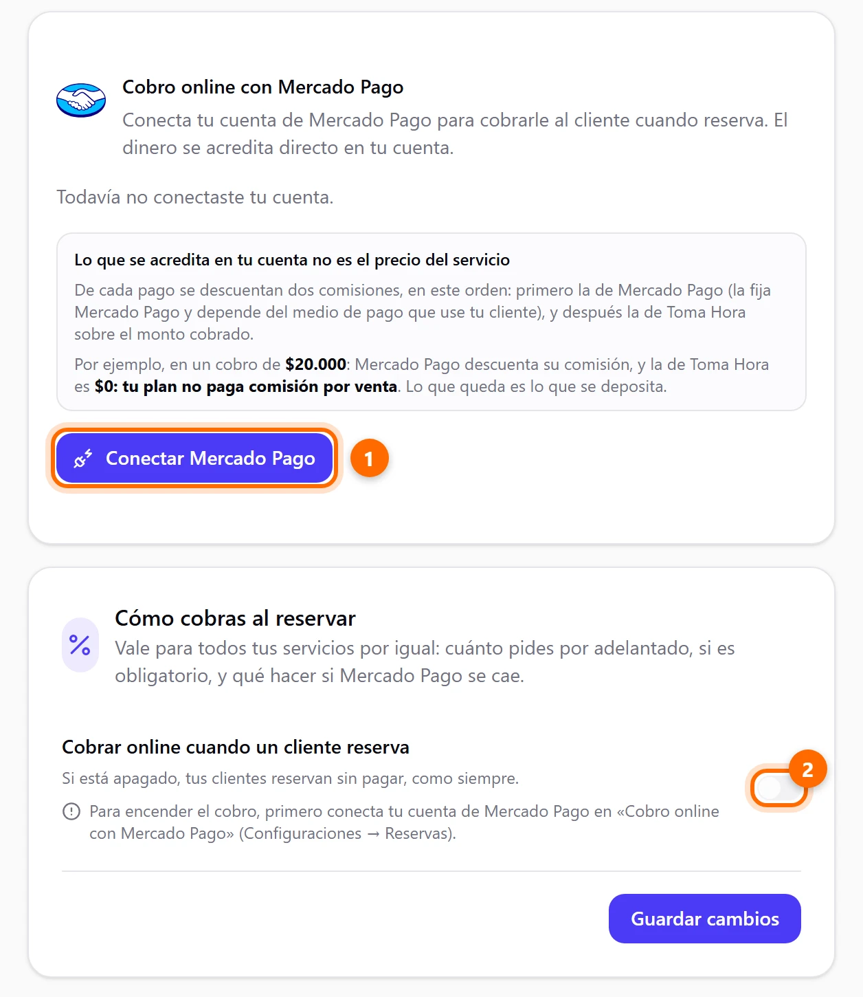 Tarjetas Cobro online con Mercado Pago y Cómo cobras al reservar, con el interruptor apagado