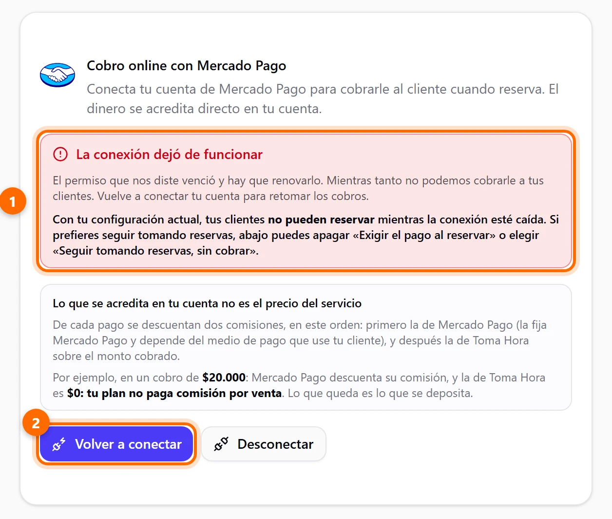 Tarjeta de Mercado Pago con el aviso La conexión dejó de funcionar