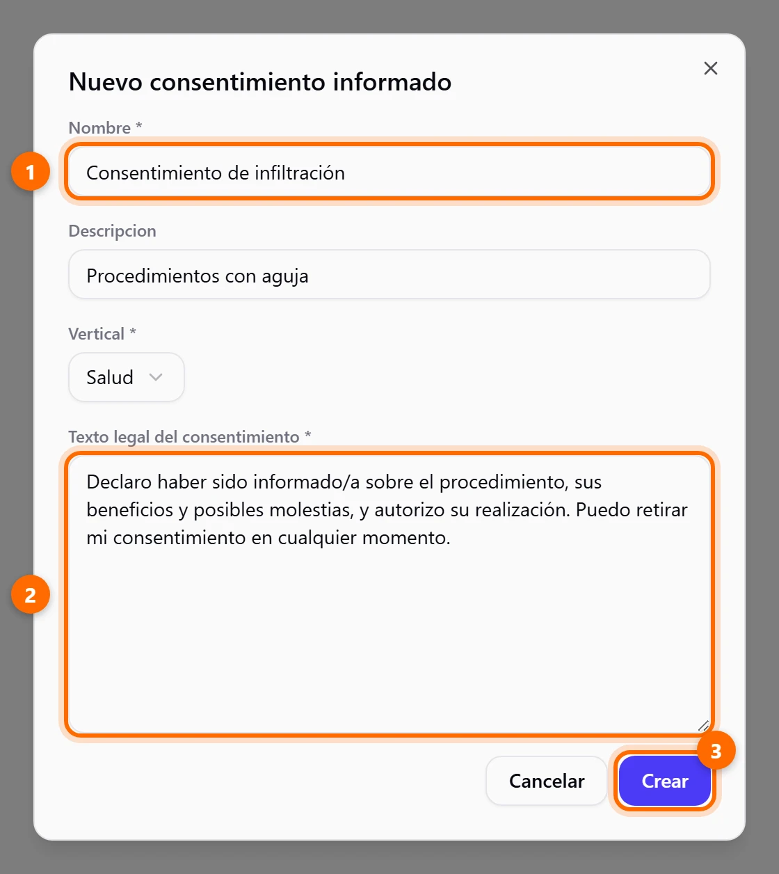 Ventana Nuevo consentimiento informado con nombre y texto legal, y tres puntos marcados