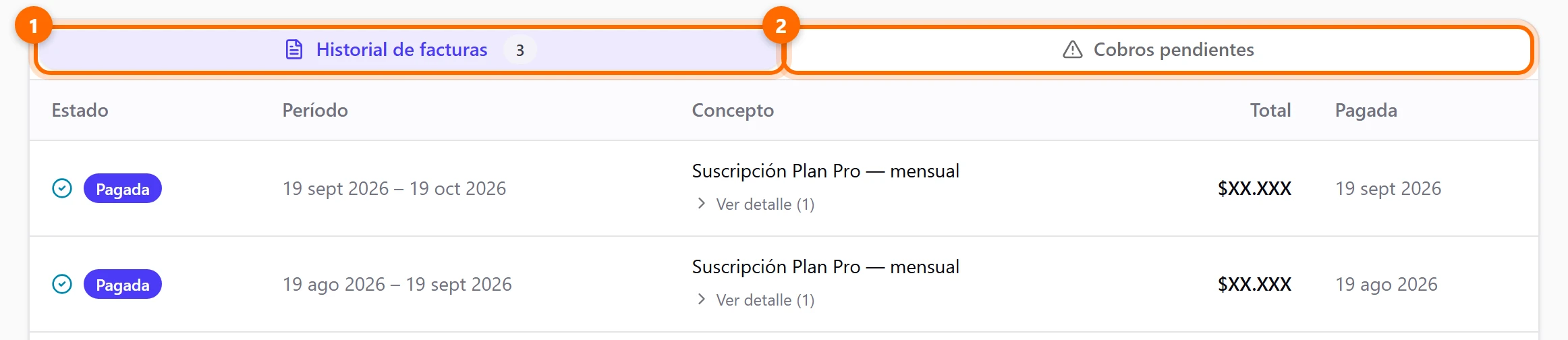 Pestañas Historial de facturas y Cobros pendientes con las facturas pagadas