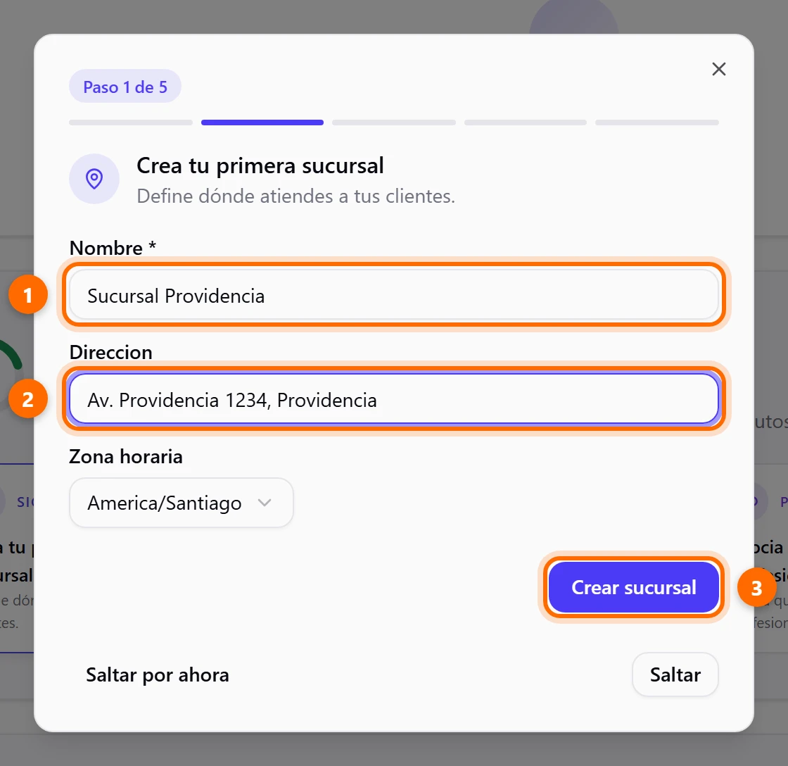 Asistente, paso 1 de 5: formulario para crear la primera sucursal