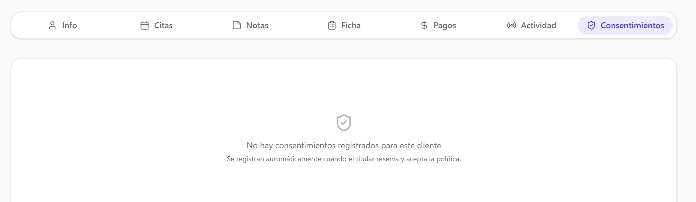 Pestaña Consentimientos sin registros