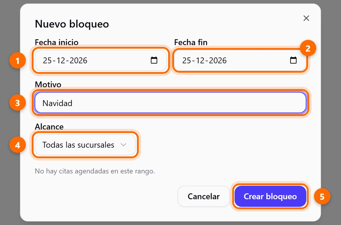 Ventana Nuevo bloqueo con fechas, motivo y alcance, y el aviso de que no hay citas en el rango