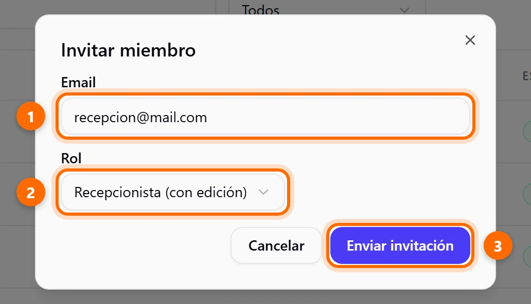 Ventana Invitar miembro con el correo, el rol Recepcionista con edición y el botón Enviar invitación