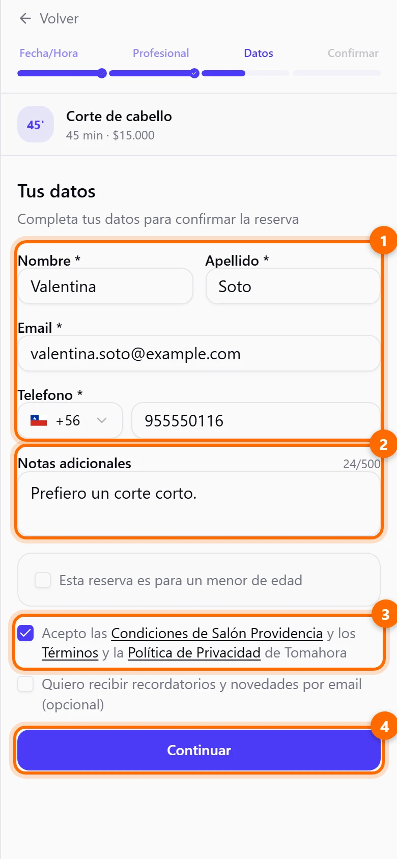 Formulario de datos con nombre, apellido, email, teléfono, notas y las casillas de aceptación