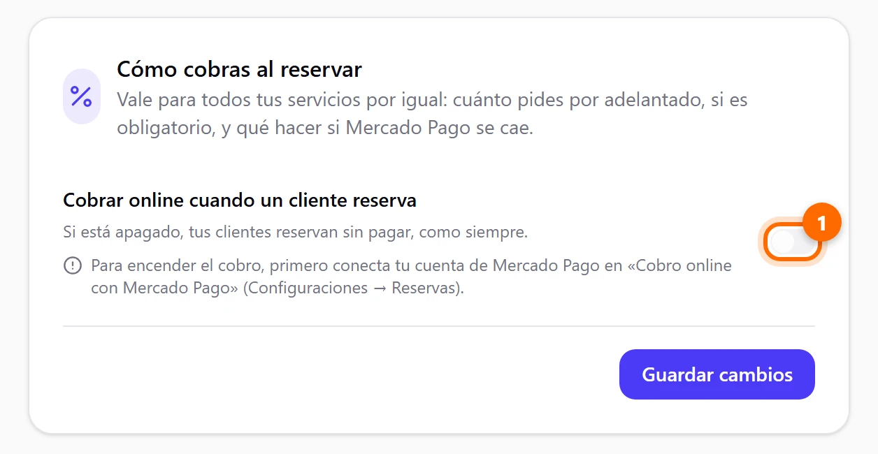 Tarjeta Cómo cobras al reservar con el interruptor apagado y el aviso para conectar la cuenta