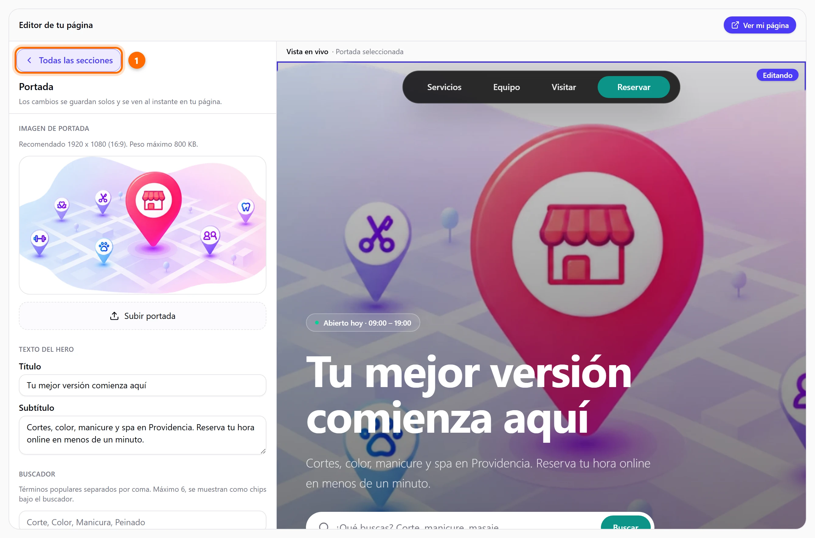 Panel de la sección Portada con imagen, título, subtítulo y buscador