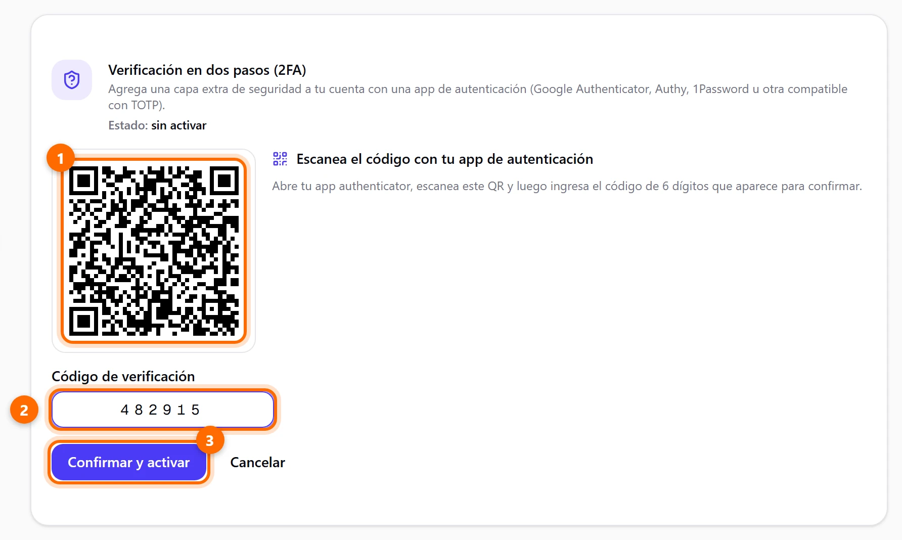 Código QR de ejemplo, campo Código de verificación y botón Confirmar y activar