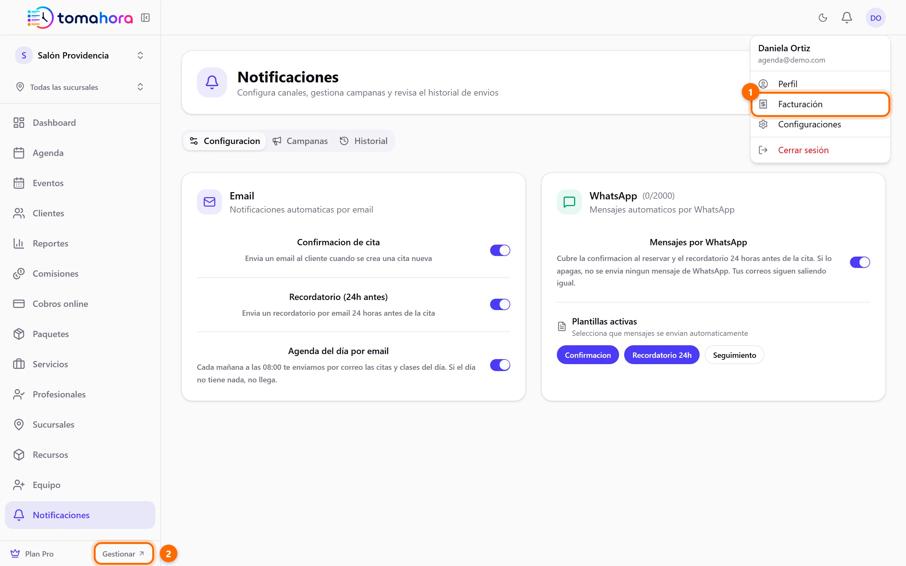 Menú de usuario abierto con Facturación marcada y el pie del menú lateral con Plan Pro y Gestionar marcado