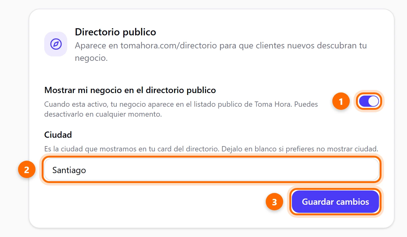 Tarjeta Directorio publico con el interruptor, el campo Ciudad y el botón Guardar cambios