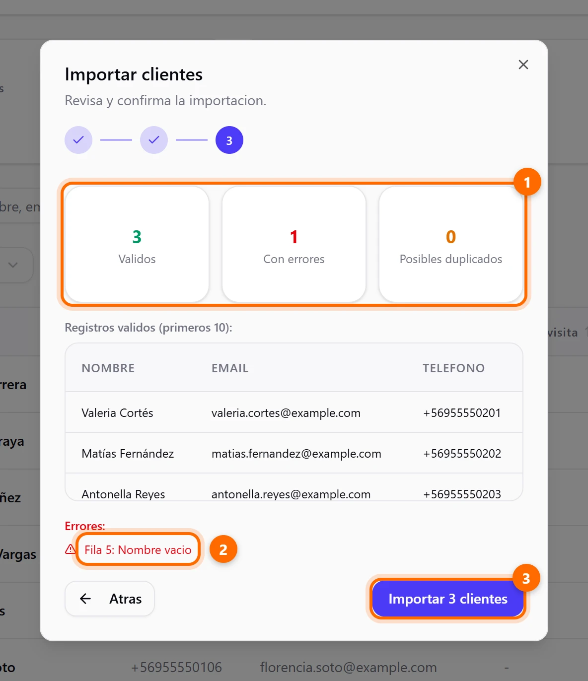 Importar clientes, paso 3: resumen con registros válidos, errores y botón Importar