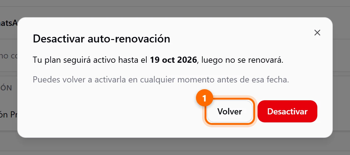 Ventana Desactivar auto-renovación con los botones Volver y Desactivar