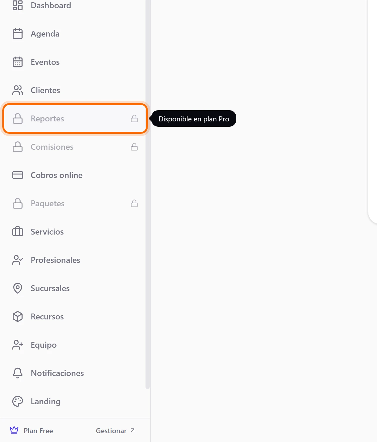 Menú lateral con los ítems Reportes, Comisiones y Paquetes con candado y el mensaje Disponible en plan Pro