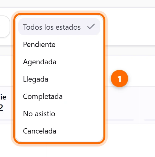 Filtro de estados abierto con Pendiente, Agendada, Llegada, Completada, No asistio y Cancelada