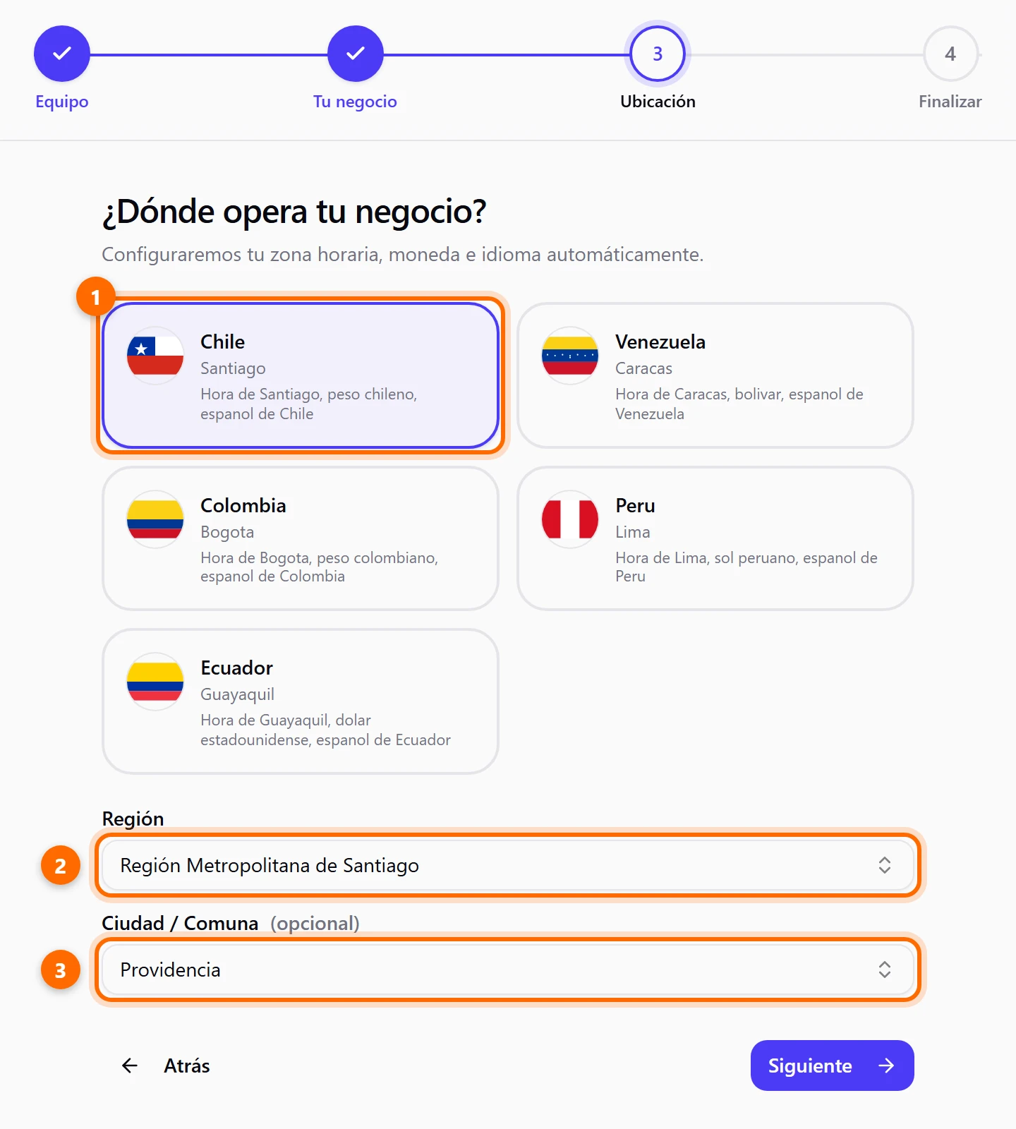 Pantalla Ubicación con Chile, región y comuna elegidas