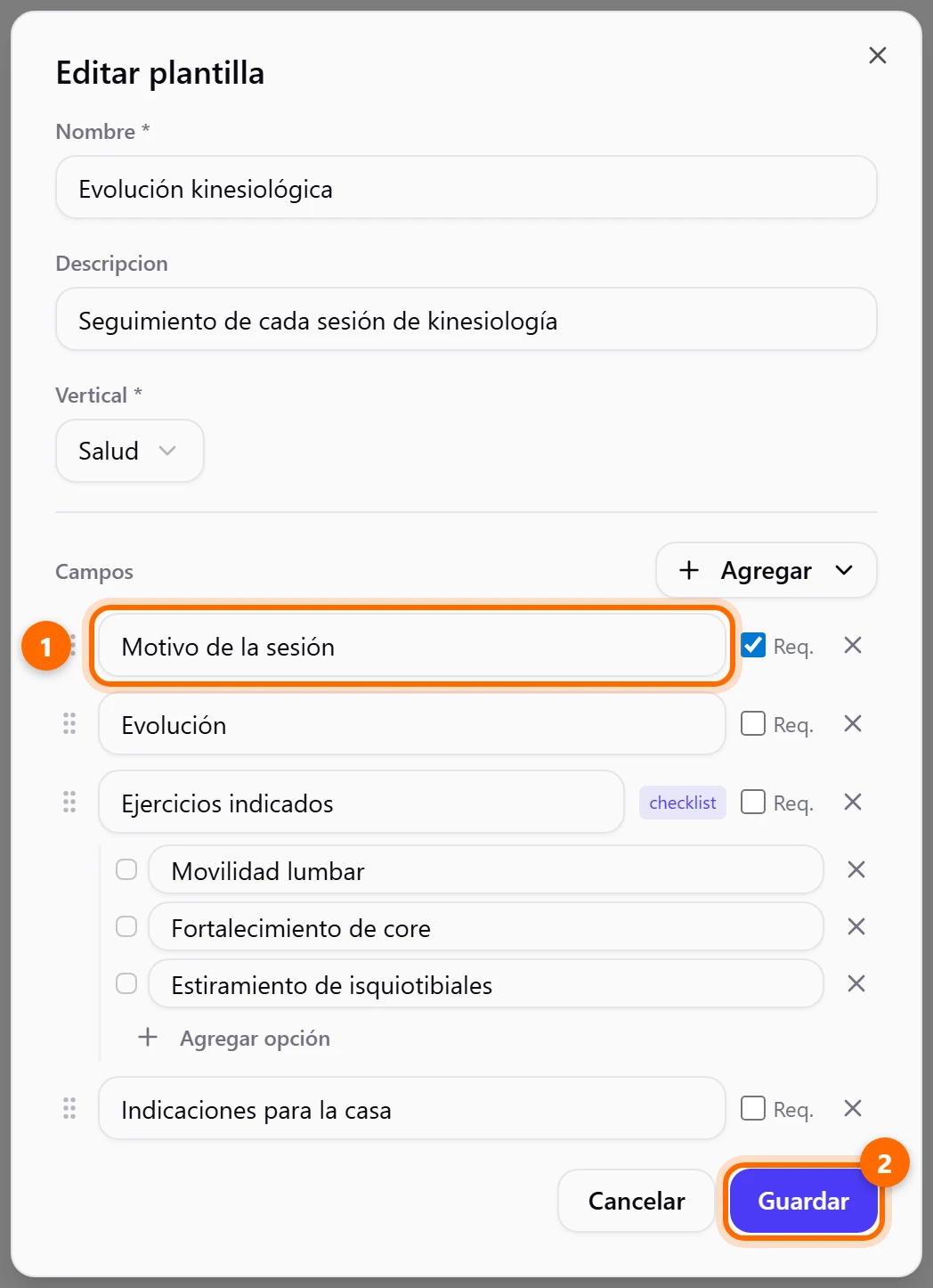 Ventana Editar plantilla con campos y un checklist, con dos puntos marcados