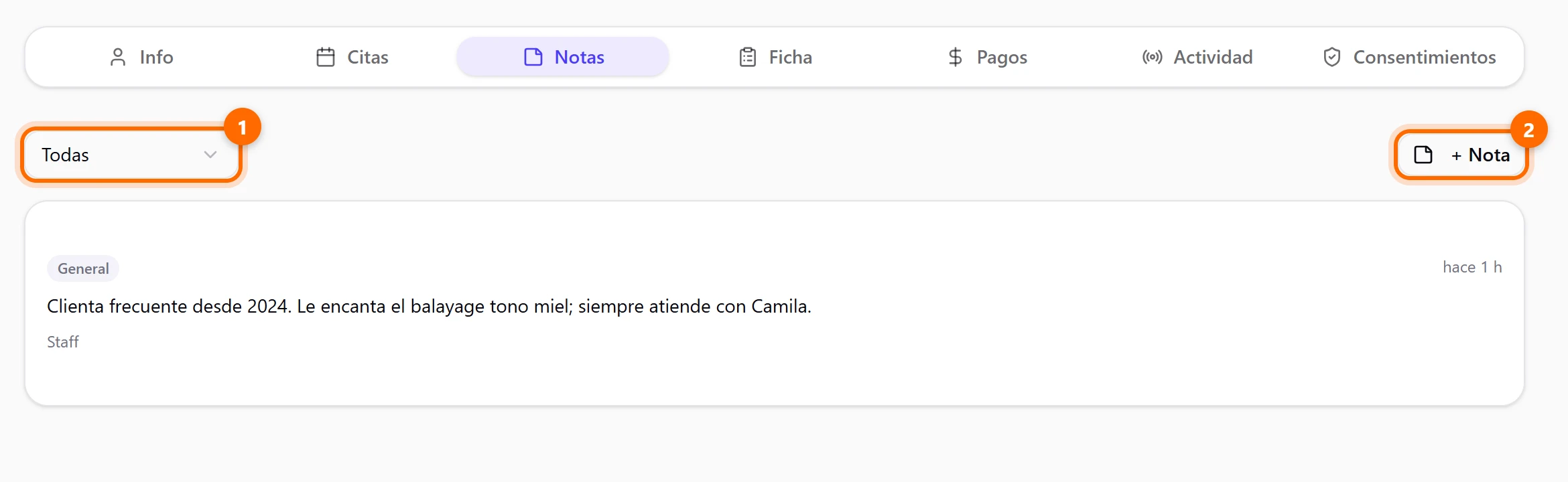 Pestaña Notas con una nota de tipo General