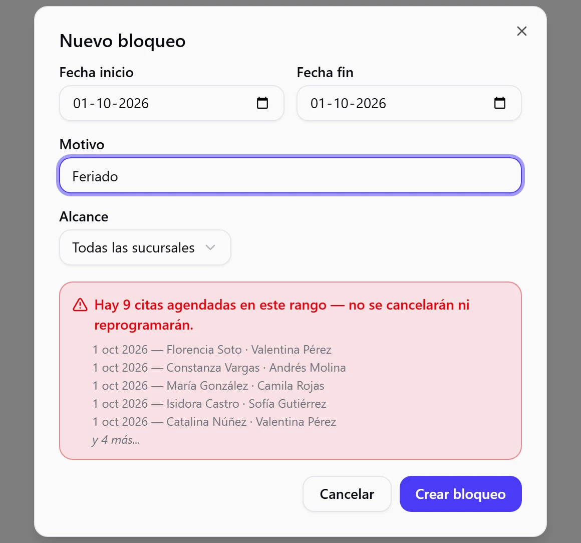 Ventana Nuevo bloqueo con el aviso: Hay 9 citas agendadas en este rango, no se cancelarán ni reprogramarán