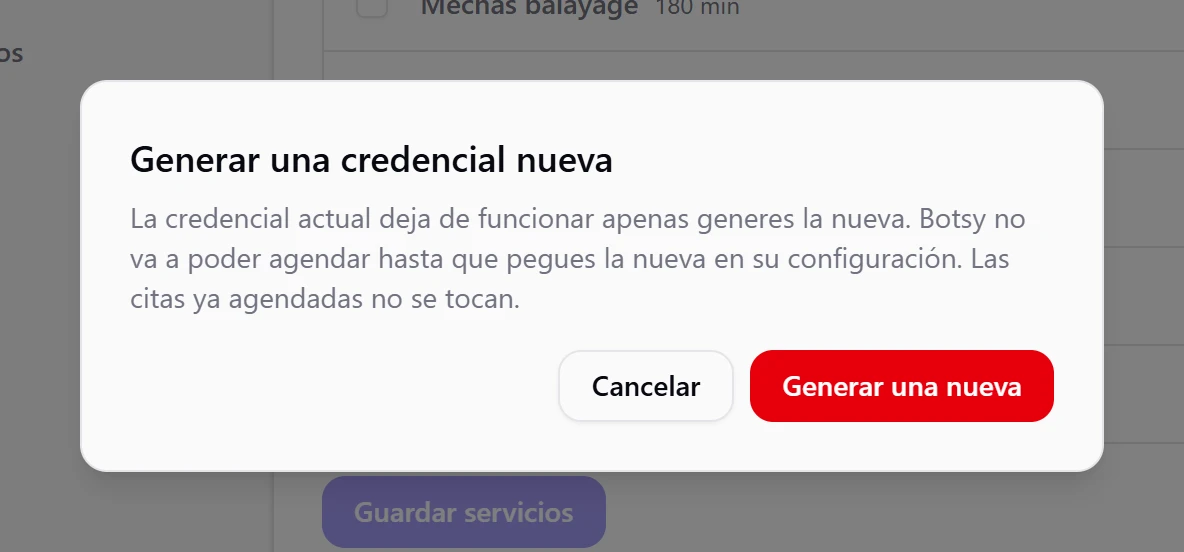 Ventana Generar una credencial nueva con los botones Cancelar y Generar una nueva