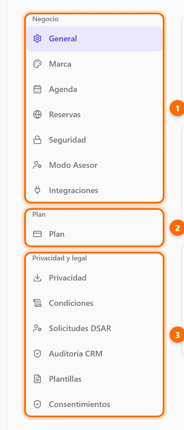 Menú vertical de Configuraciones con los grupos Negocio, Plan y Privacidad y legal