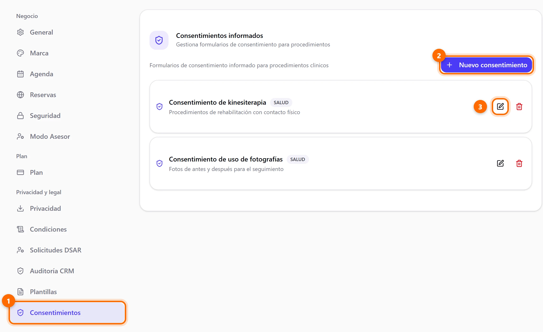 Configuraciones, sección Consentimientos, con dos consentimientos y tres puntos marcados