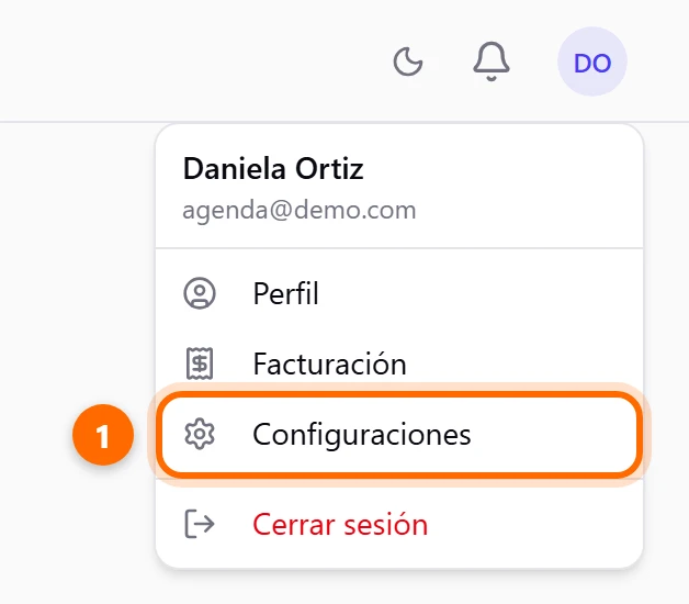 Menú de usuario abierto con la opción Configuraciones marcada