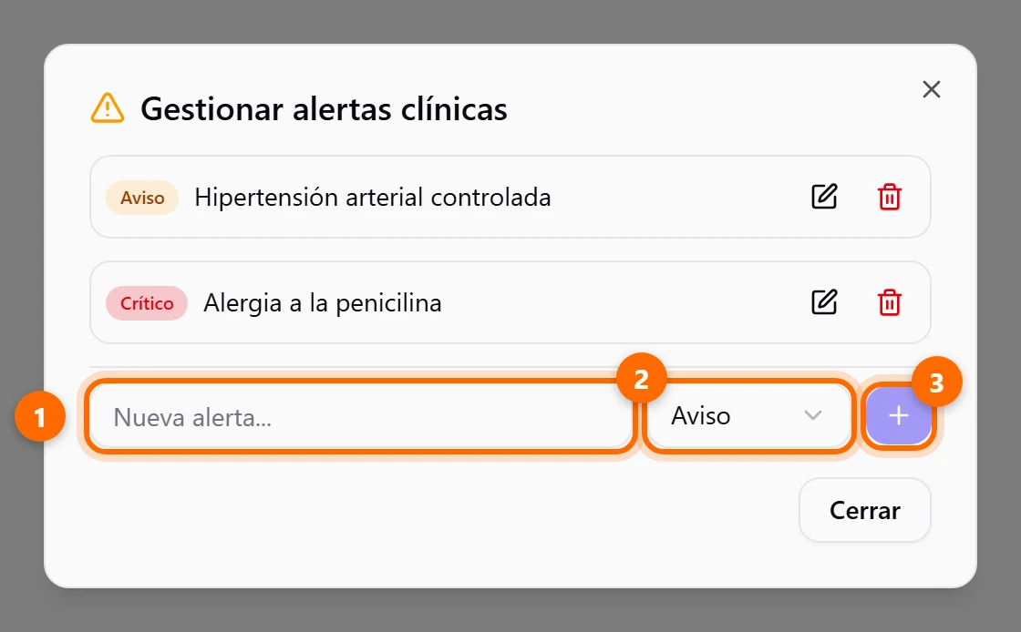Ventana Gestionar alertas clínicas con dos alertas y tres puntos marcados