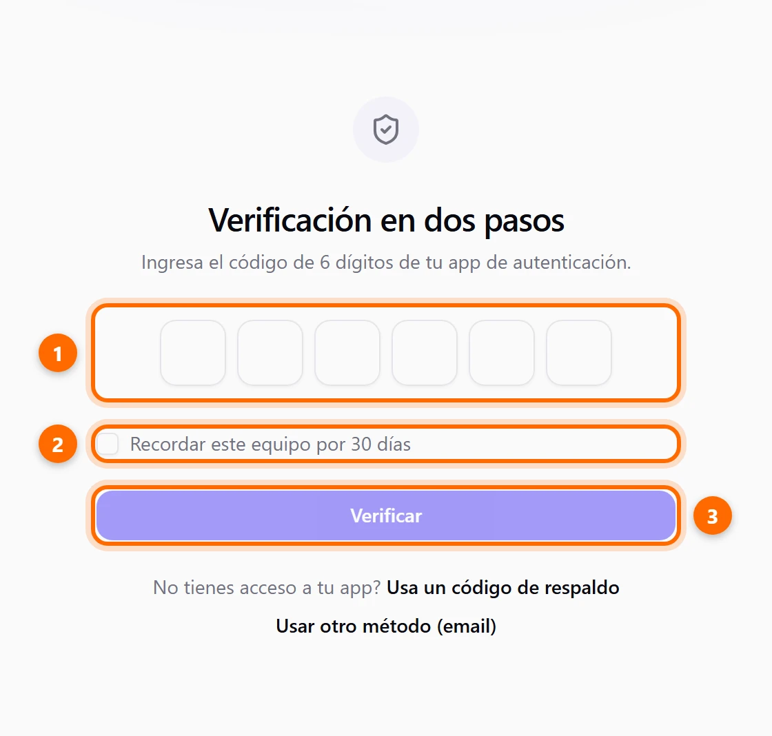 Pantalla Verificación en dos pasos con seis casillas, la casilla Recordar este equipo por 30 días y el botón Verificar