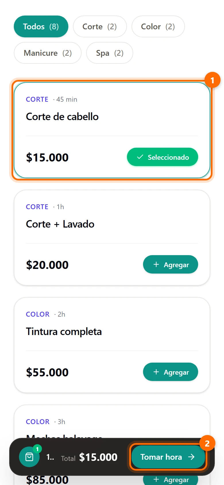 Lista de servicios con Corte de cabello seleccionado y la barra inferior con el botón Tomar hora