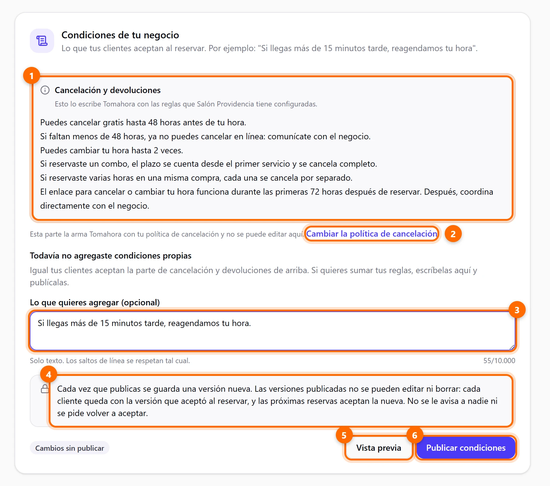 Tarjeta Condiciones de tu negocio con la parte automática de cancelación y devoluciones y el campo para escribir las tuyas