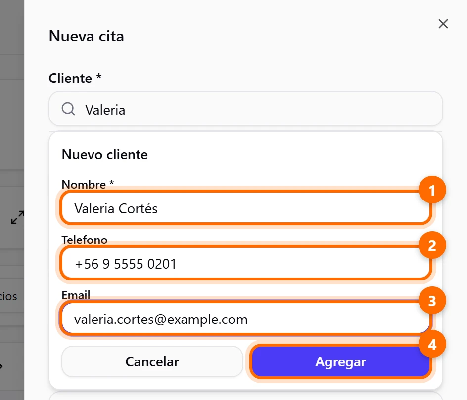 Mini formulario Nuevo cliente con nombre, teléfono y email