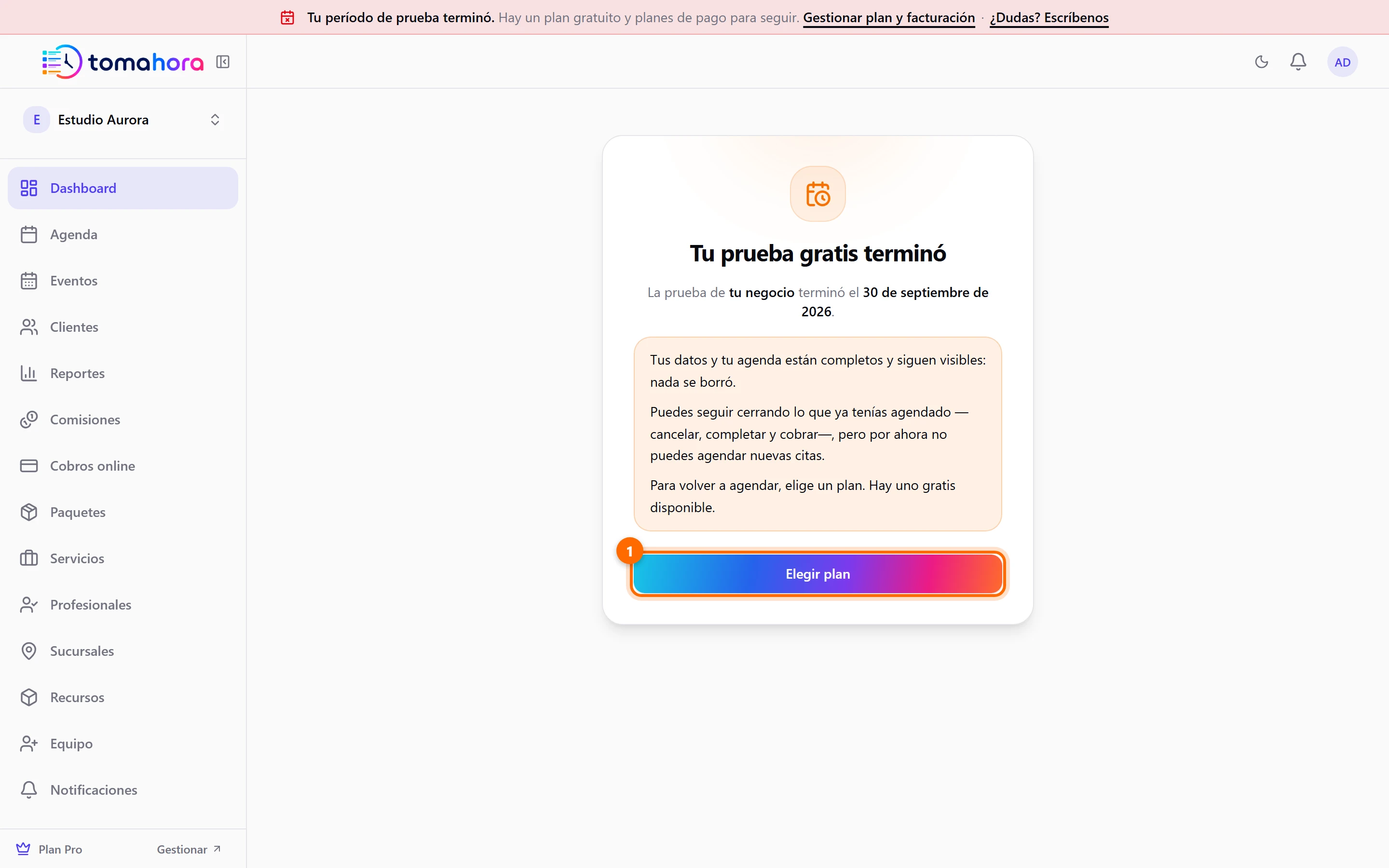 Pantalla Tu prueba gratis terminó con el botón Elegir plan