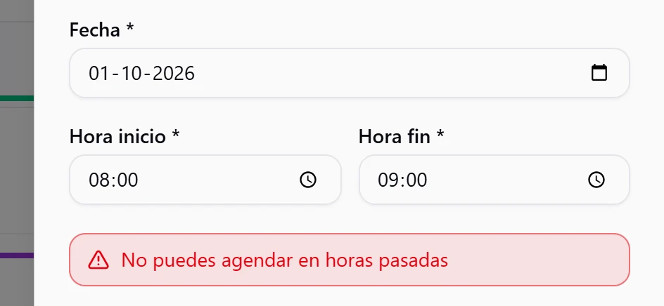 Aviso No puedes agendar en horas pasadas dentro del formulario