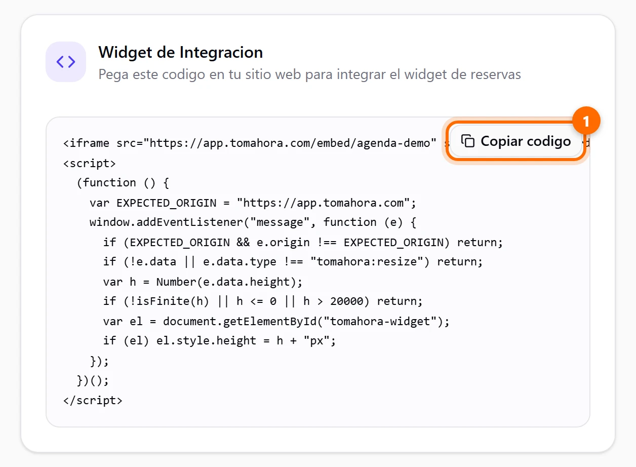 Tarjeta Widget de Integracion con el código para pegar y el botón Copiar codigo