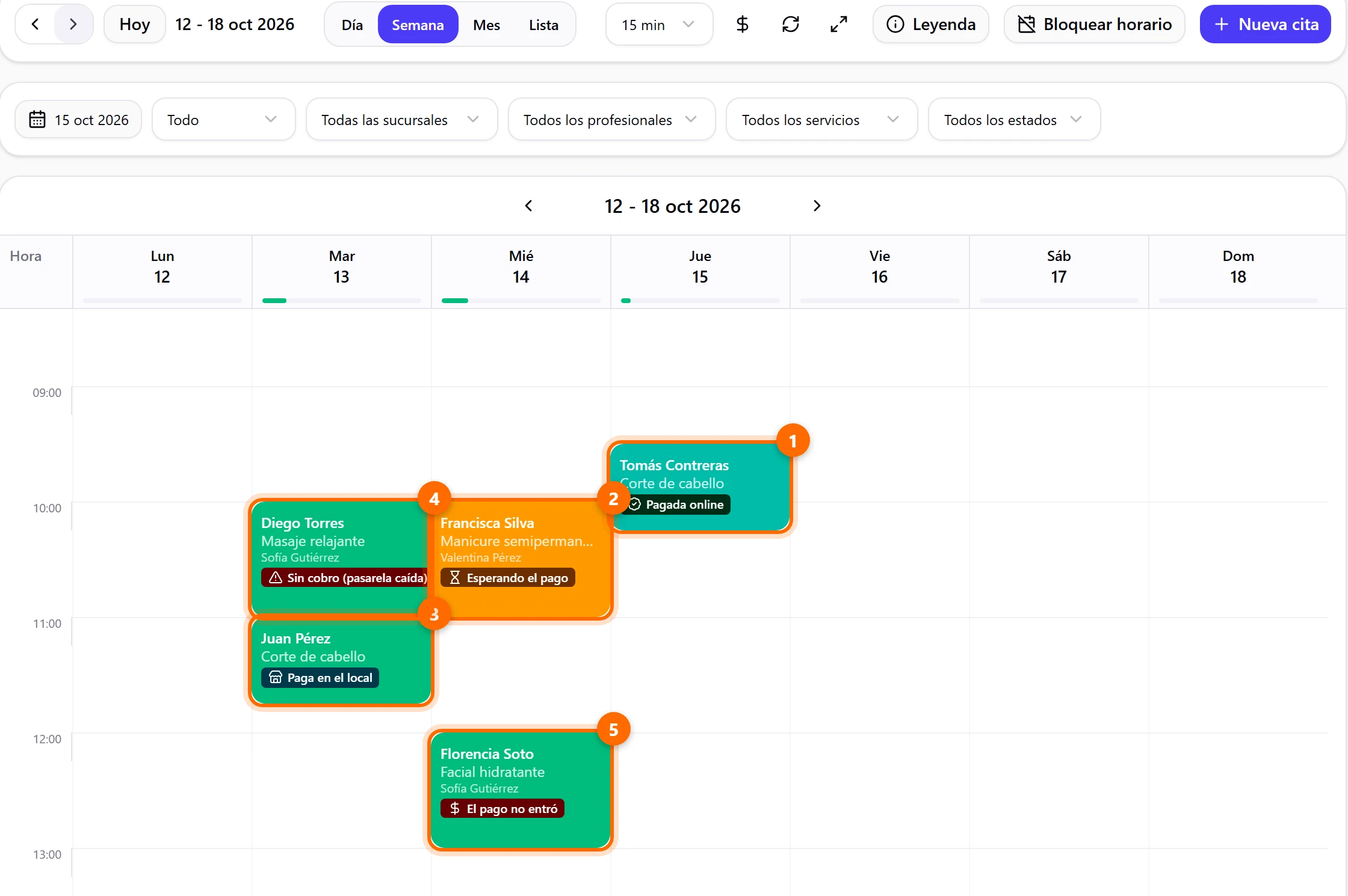 Semana de la agenda con citas que muestran los avisos de cobro online
