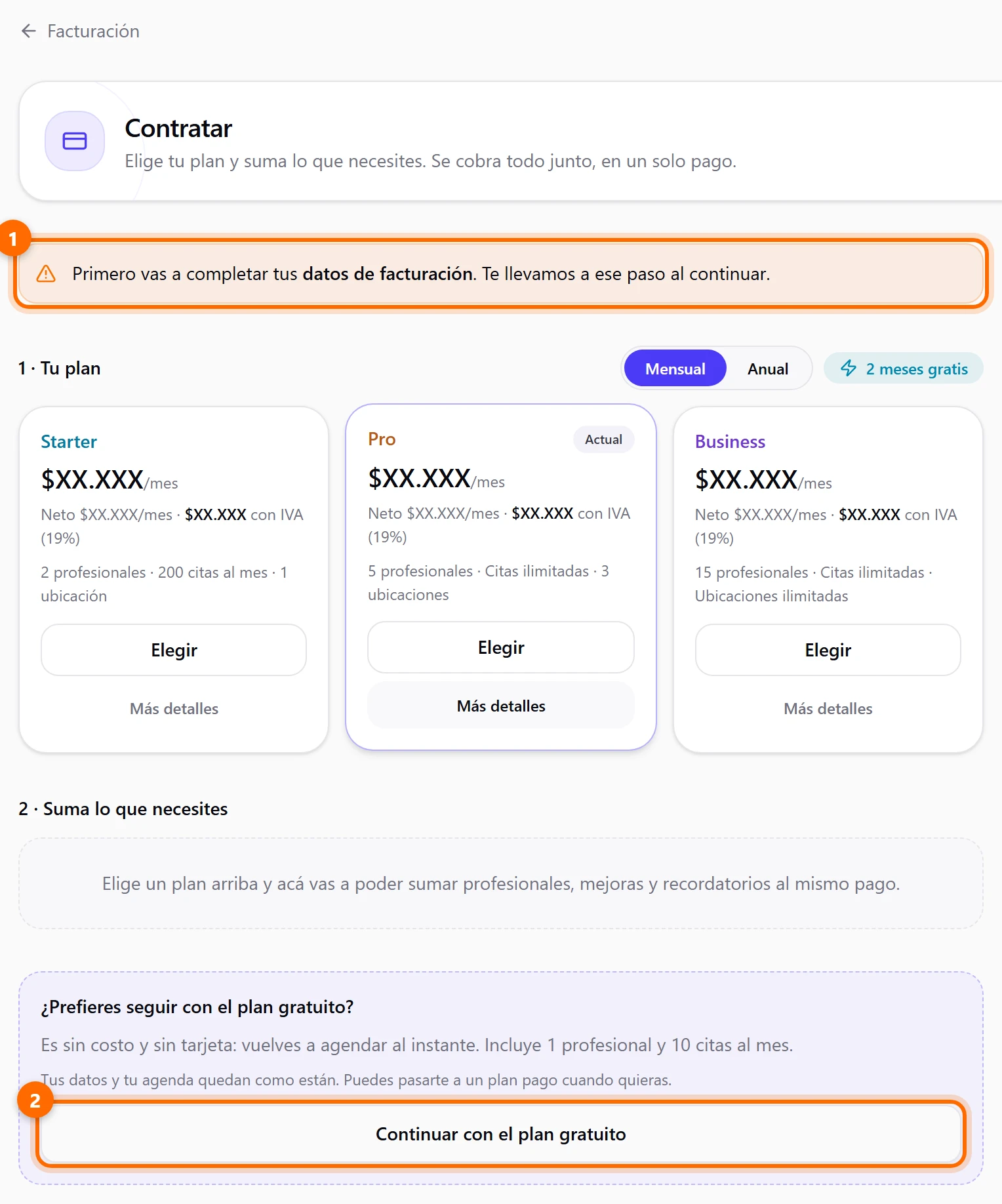 Pantalla Contratar con el aviso de datos de facturación, los tres planes y la tarjeta Prefieres seguir con el plan gratuito