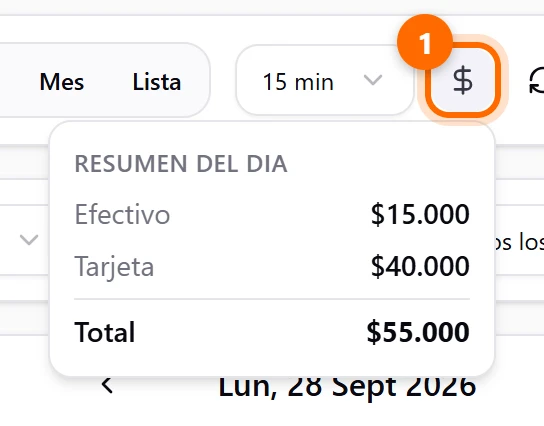Resumen del día con los montos por método de pago y el total