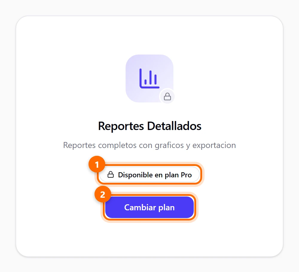 Pantalla de Reportes Detallados con un candado, la insignia Disponible en plan Pro y el botón Cambiar plan